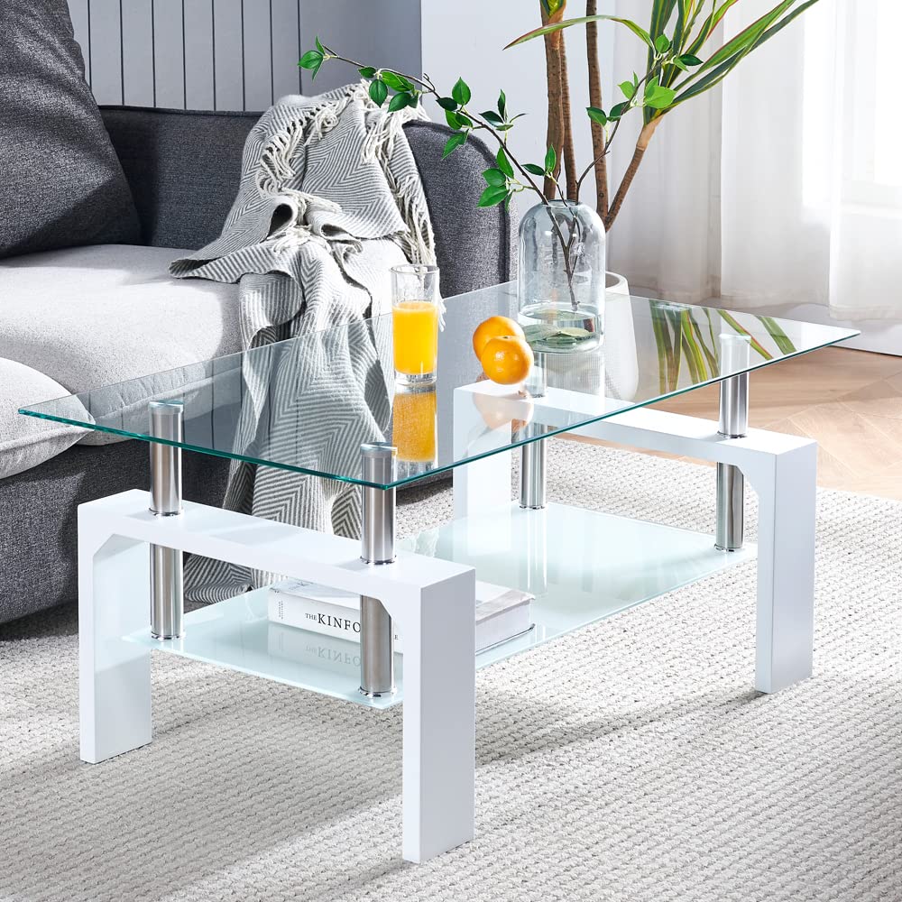 Btrpily Living Room Rectangle Coffee Table, Tea Table Suitable for Waiting Room, Modern Side Coffee Table with Wooden Leg, Glass Tabletop with Lower Shelf, 39.5*23.5*17.5 inches , White Btrpily