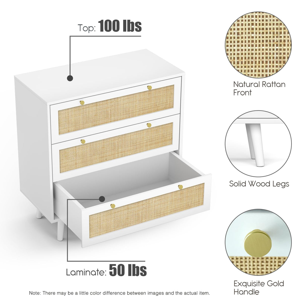 Anmytek Dresser for Bedroom with 3 Drawers, Modern Wood 3 Drawer Dresser, White Chest of Drawer with Spacious Storage Rattan Dresser for Bedroom Living Room H0072 Anmytek
