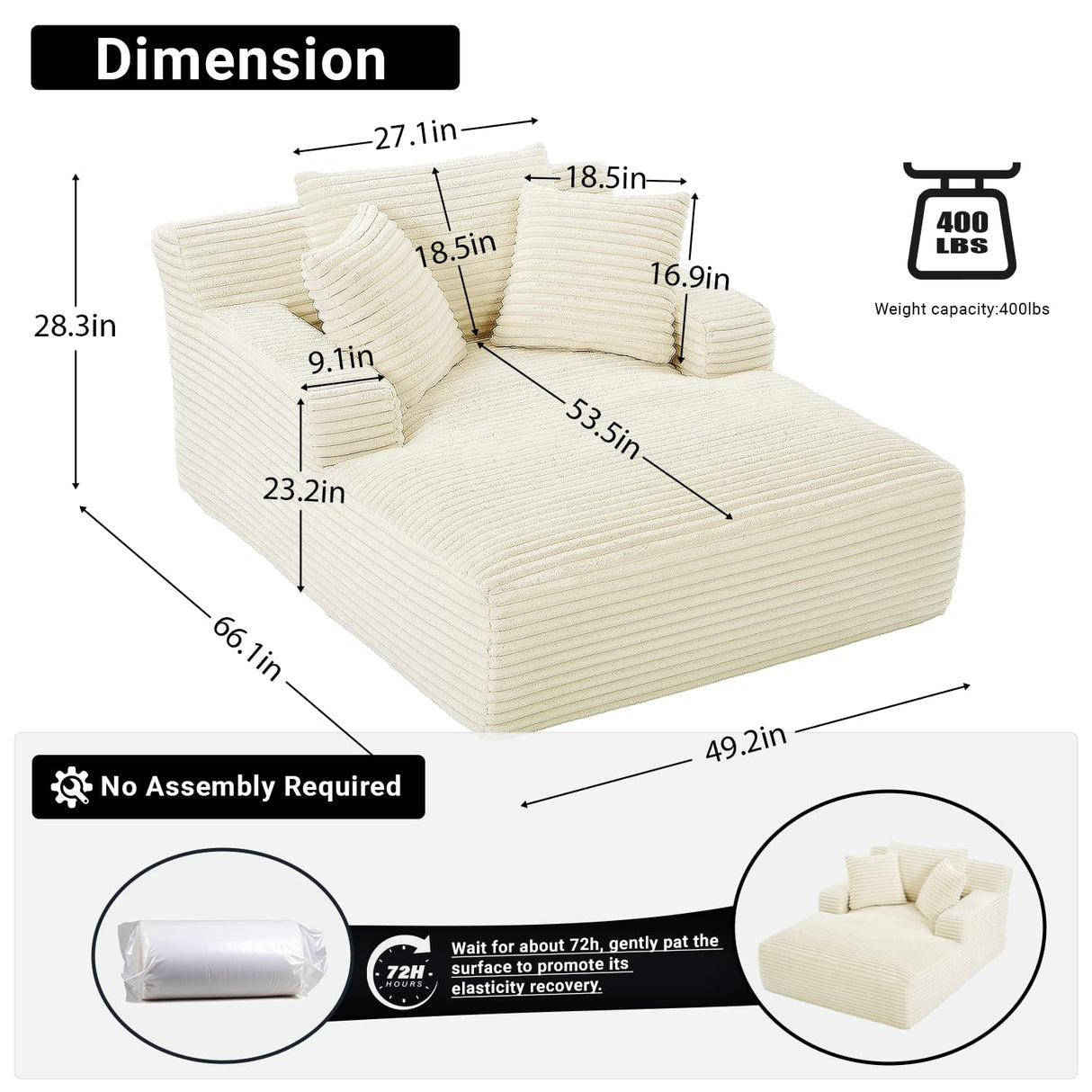 GUANGHONG 50" W Chaise Lounge Chair Indoor, Oversized Upholstered Corduroy Boneless Sofa Bed with 3 Pillows, Deep Seat Sleeper Reading Chair Cloud Couch for Living Room, No Assembly Required GUANGHONG