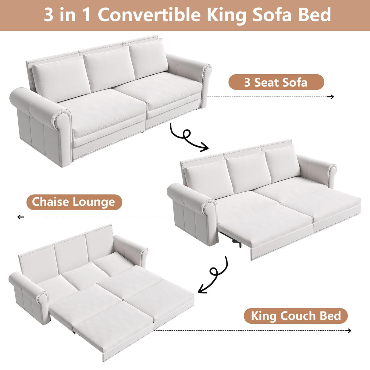 Tmsan 93.7" King Pull Out Sofa Bed, 3 in 1 Convertible Sleeper Sofa, 3 Seat Couch with Nailhead Trim & Rolled Arm for Living Room, Apartment, Office, Beige Velvet Tmsan