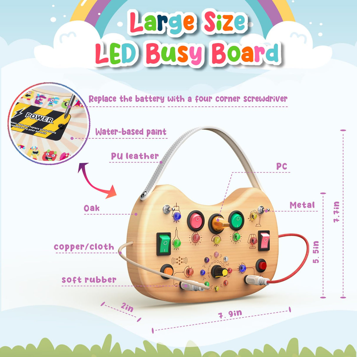 flycoost Montessori Toddler Busy Board, Wooden Busy Board with 17 LED Lights, Travel Toys for Toddlers 1-3 Years, Light Switch Toys, Toddler Sensory Boards, Toys for 1 Year Old Girls flycoost