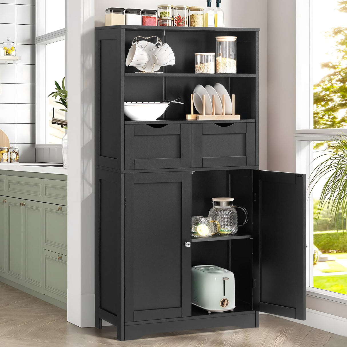 Iwell Tall Bathroom Cabinet, Storage Cabinet with 2 Drawers & Adjustable Shelves, Bathroom Storage Cabinet for Living Room, Dining Room, Entryway, Black Iwell
