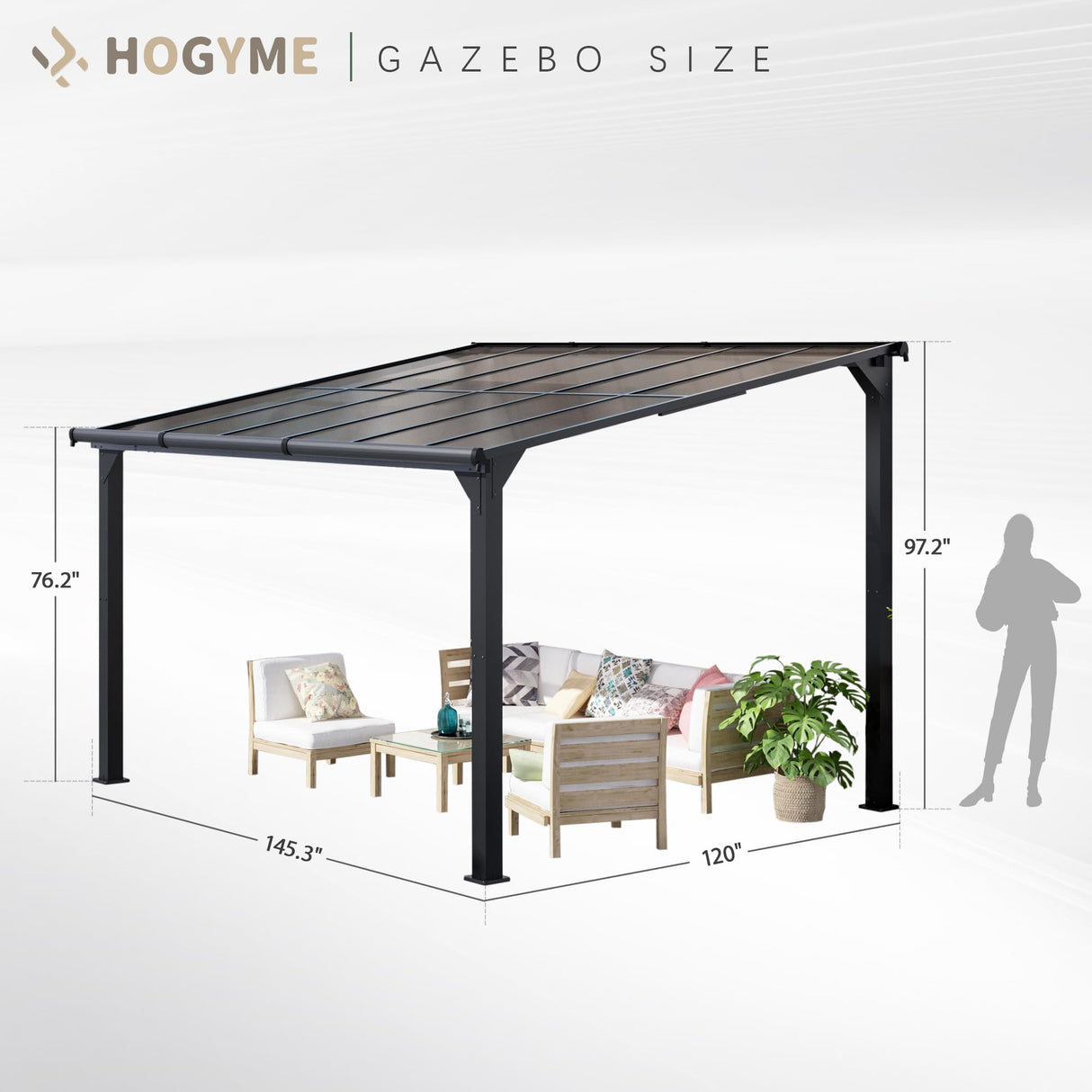 HOGYME 10x12 FT Gazebo, Outdoor Gazebos on Clearance with Updated Frame Structure and Roof, Hard Top Lean to Gazebo Pergola, Wall Mounted Awnings for Patio, Deck, Lawn and Backyard HOGYME