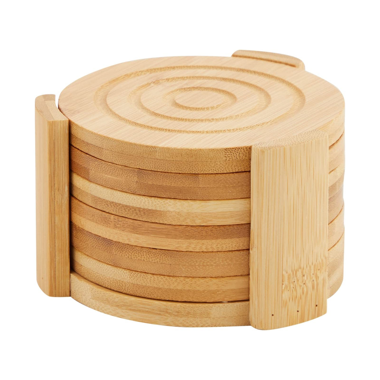 Juvale Set of 6 Bamboo Wood Coasters with Holder for Coffee Table, Hot Drinks, Beverages, Housewarming Gift (4.3 in) Juvale