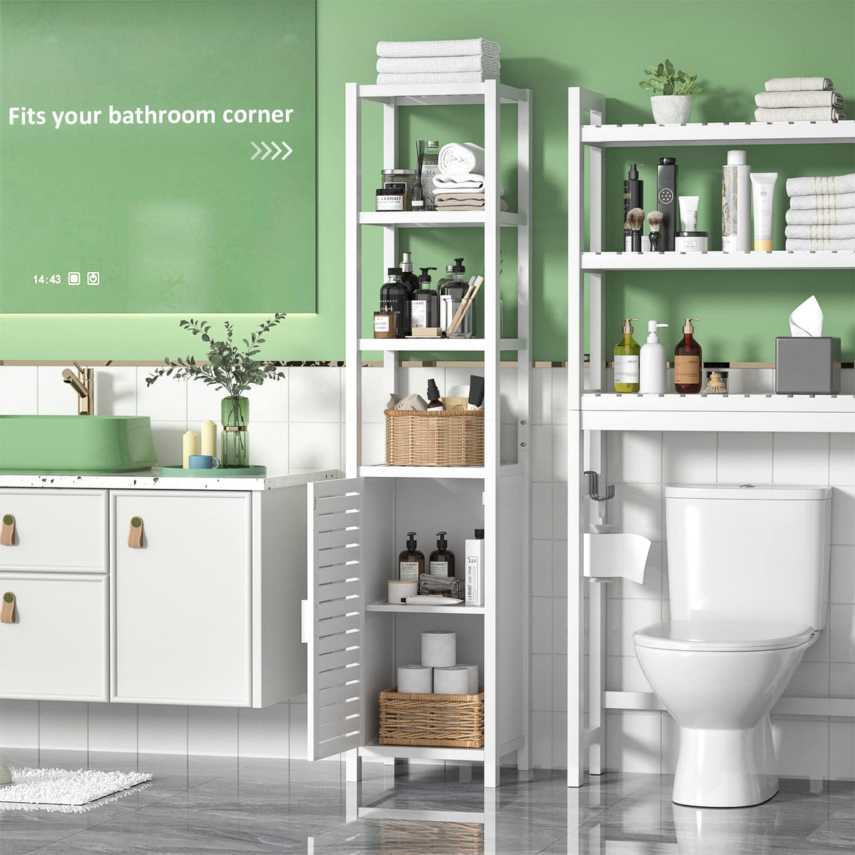 Homykic Bamboo Narrow Bathroom Storage Cabinet, 6-Tier 67 Inch Tall Floor Standing Slim Cabinet Organizer with Shutter Door and Open Shelves for Kitchen, Living Room, Corner, White Homykic