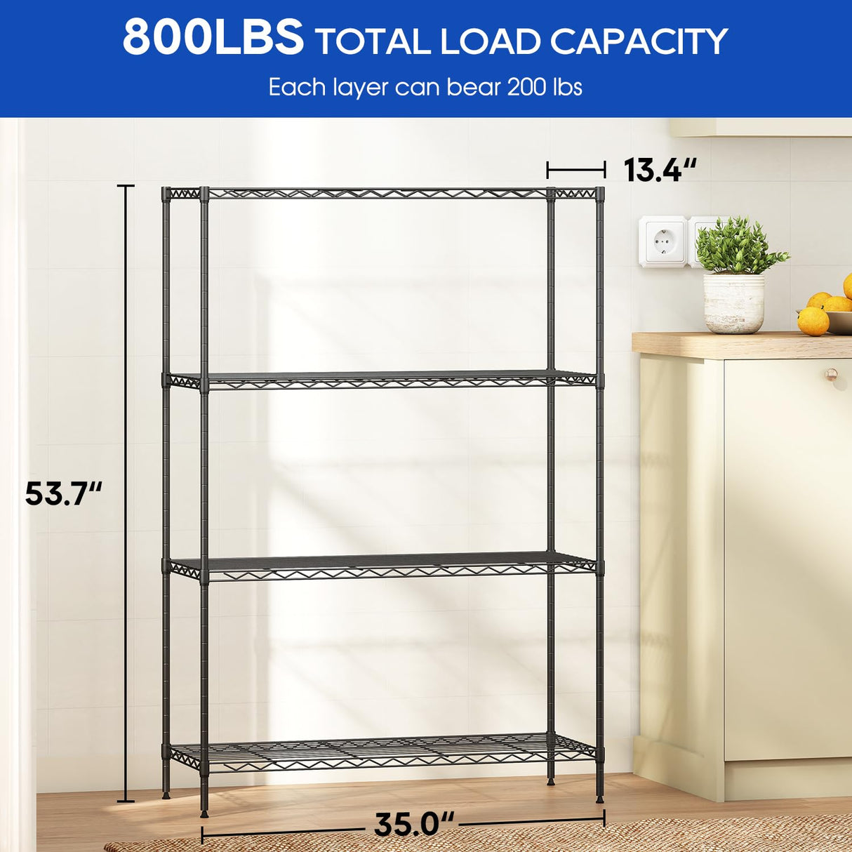4-Tier Storage Shelves 35.4" L x 13.3" W x 53.7" H Metal Garage Shelves Standing Storage Shelf Adjustable Layer Racks with Steel Frame Suitable for Kitchen, Garage or Commercial Use (Black) FDW