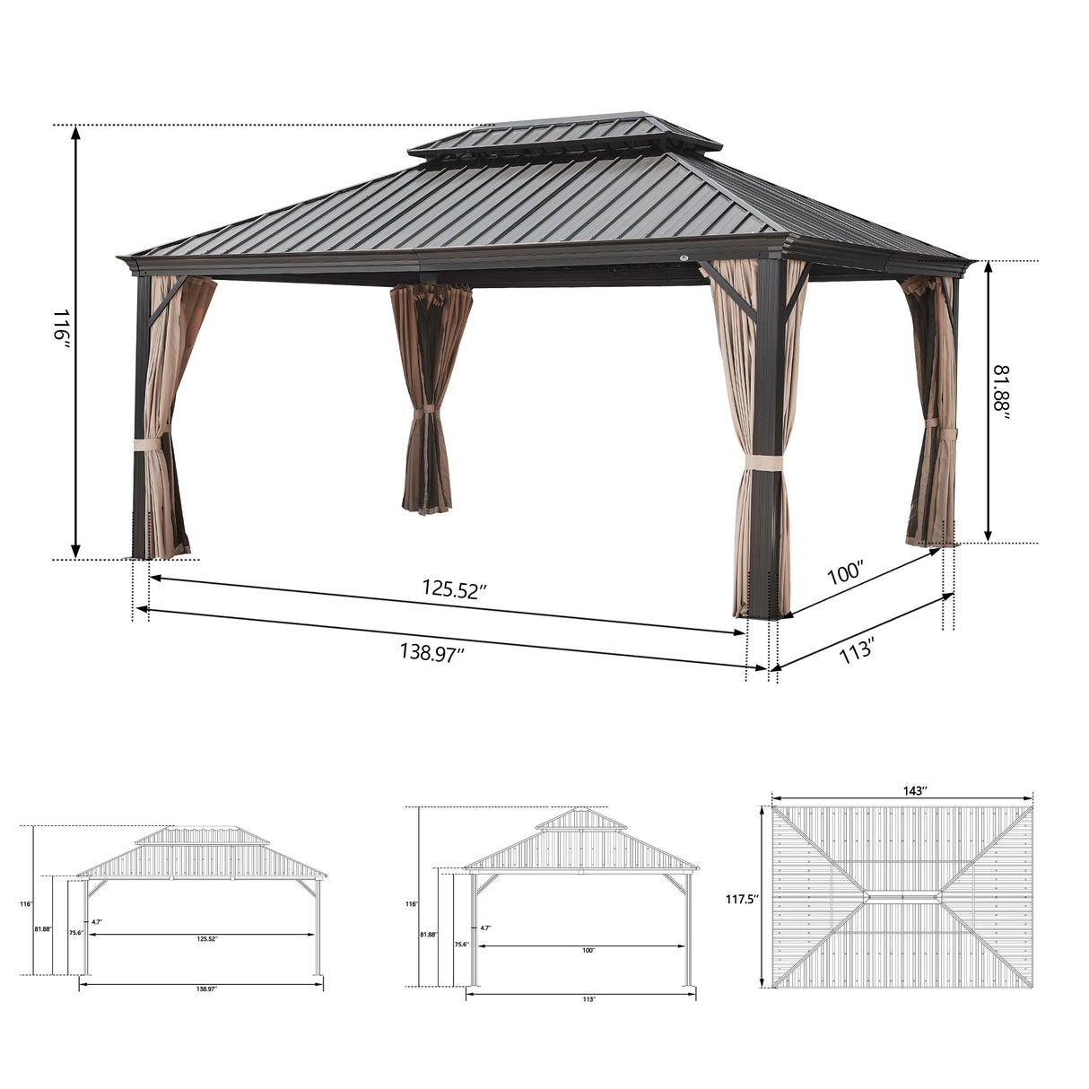 Ulax Furniture 10' x 12' Hardtop Gazebo with Mosquito Net and Privacy Curtain, Outdoor Aluminum Gazebo 2-Tier Hardtop Galvanized Iron Aluminum Frame for Patios, Deck and Lawns Ulax furniture