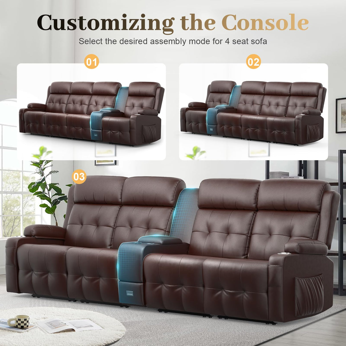 Recliner Sofa, 4 Seater Massage Reclining Loveseat Sofa Sets, 2 Single Power Recliner Chairs Heat & Massage, Heavy Weight Capacity, RV Clearance Love Seat Couch with Console, USB, Type C Port Aotolo