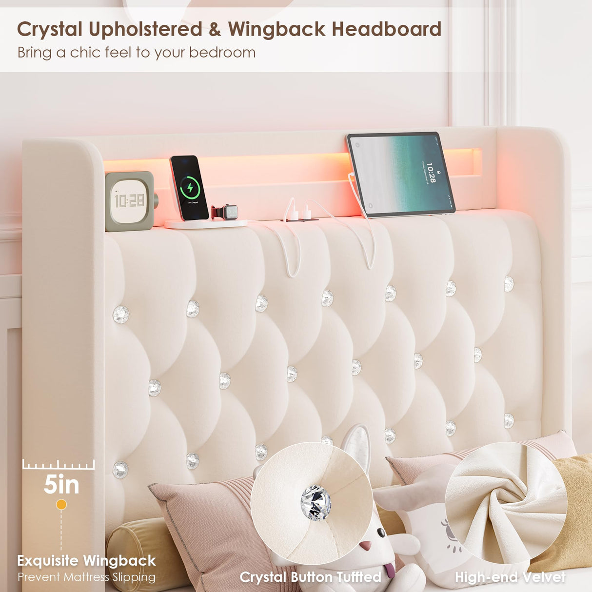 HIFIT Upholstered Twin LED Bed Frame with Charging Station Headboard & 4 Storage Drawer, Velvet Crystal Button-Tufted Princess Twin Size Platform Bed Frames for Girls, No Box Spring Needed, Beige HIFIT