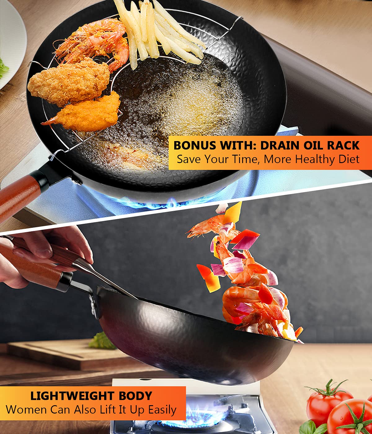 kaqinu Carbon Steel Wok Pan, 14 Piece Woks & Stir-Fry Pans Set with Wooden Lid Cookwares, No Chemical Coated Flat Bottom Chinese Pan for Induction, Electric, Gas, Halogen All Stoves - 12.6'' kaqinu