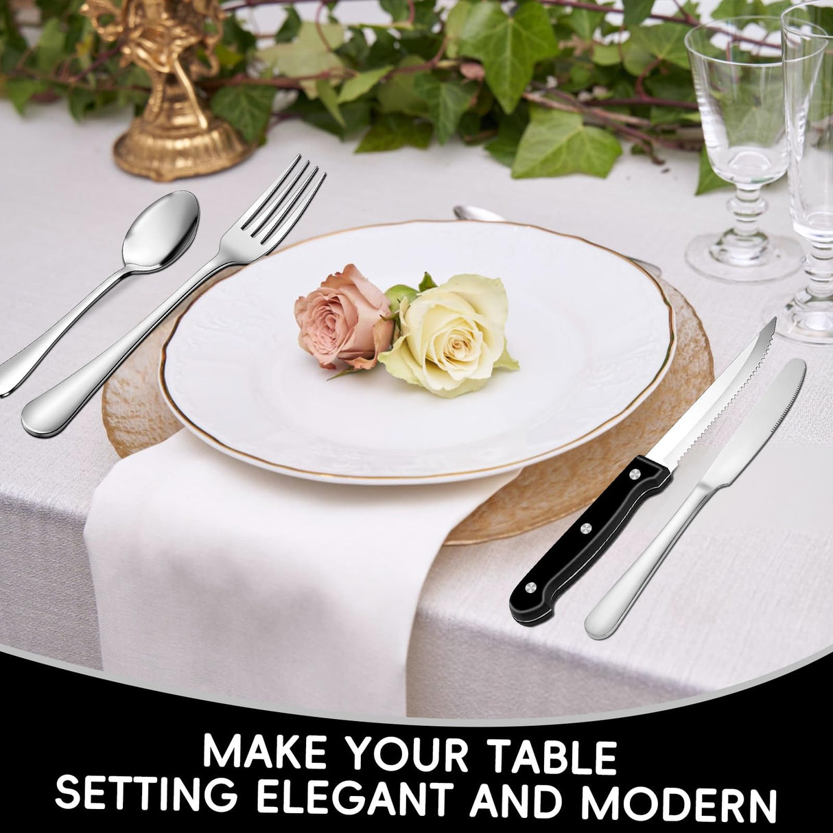 49-Piece Stainless Steel Silverware Set with Cutlery Organizer, Service for 8 with Steak Knives and Kitchen Utensils JUNLIN