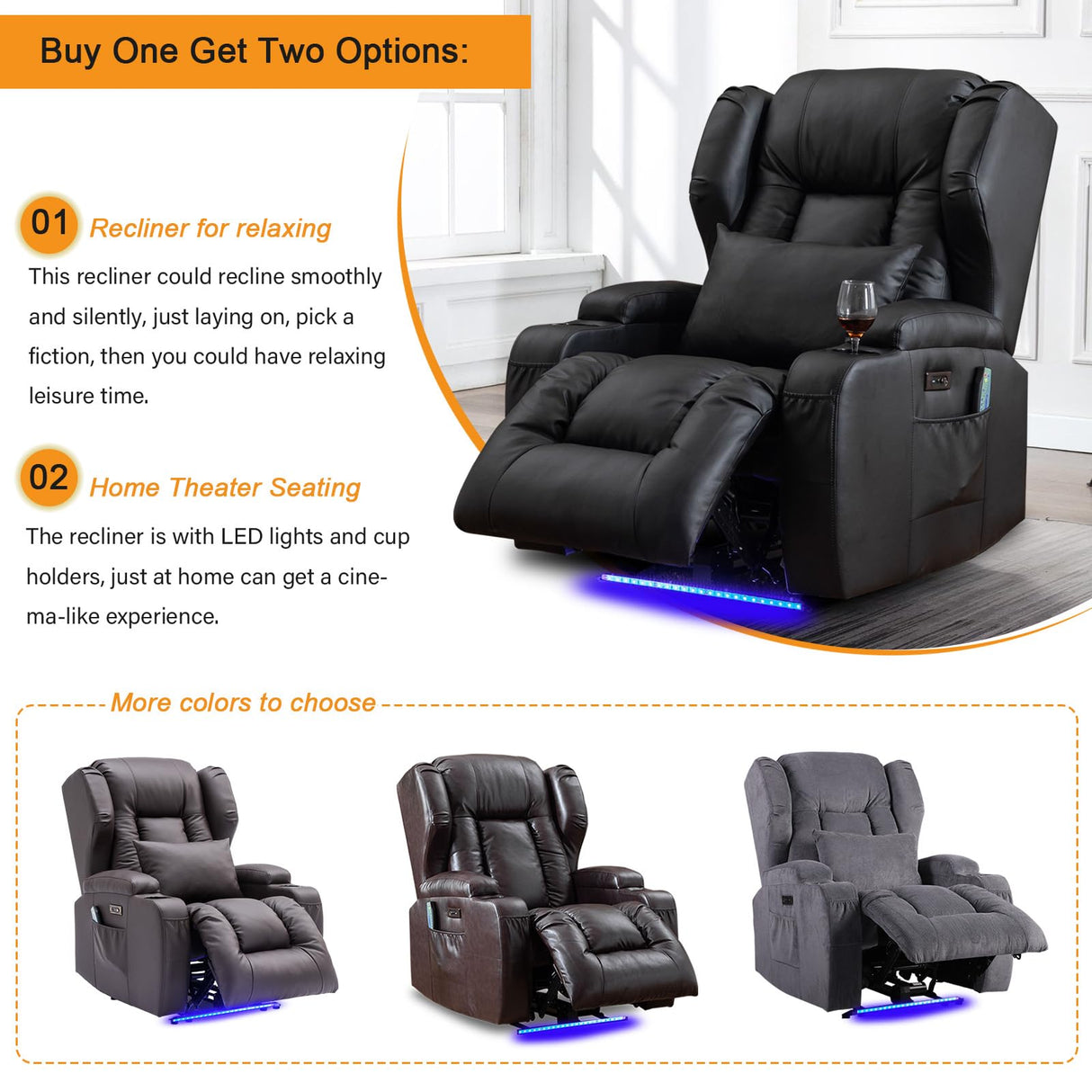 Oprisen Power Recliner Chair Overstuffed Home Theater Seating w/Heat Massage Electric Movie Gaming Sofa Reclining Sleeper Chair with LED Light/Lumbar Pillow/USB Port/Cup Holders Oprisen