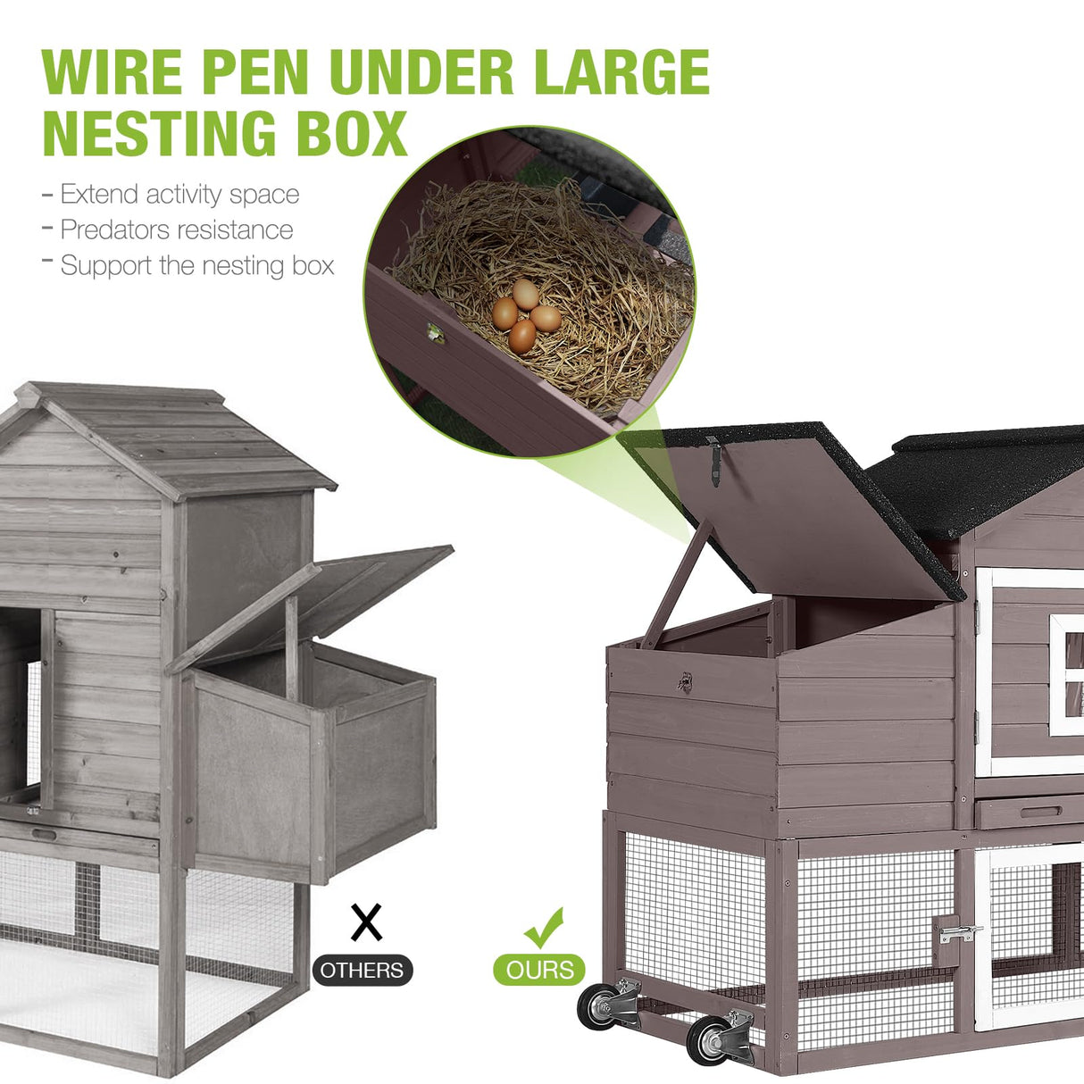 GUTINNEEN Chicken Coop Mobile Hen House Wooden with Run Poultry Cage with Nesting Box,Field Grey GUTINNEEN