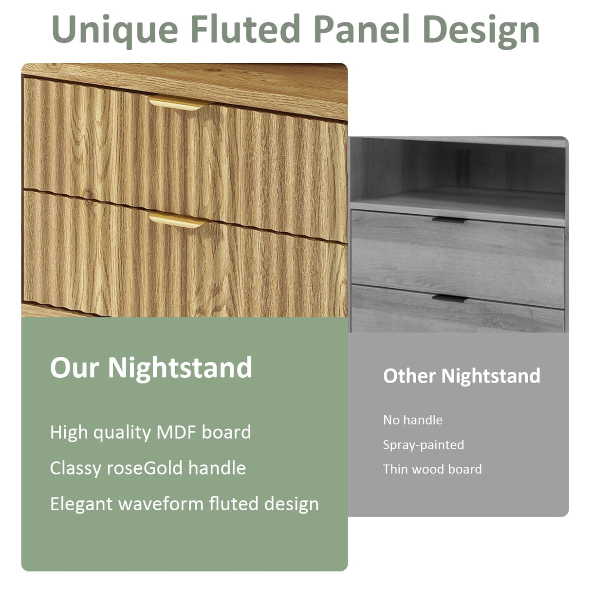 Fluted Nightstands Set of 2, Brown Night Stands with 2 Drawers and Open Shelves, Wooden Bedside Table Modern Design End Table for Bedroom Sofa Office (2, Natural Oak) ROCSUMOO