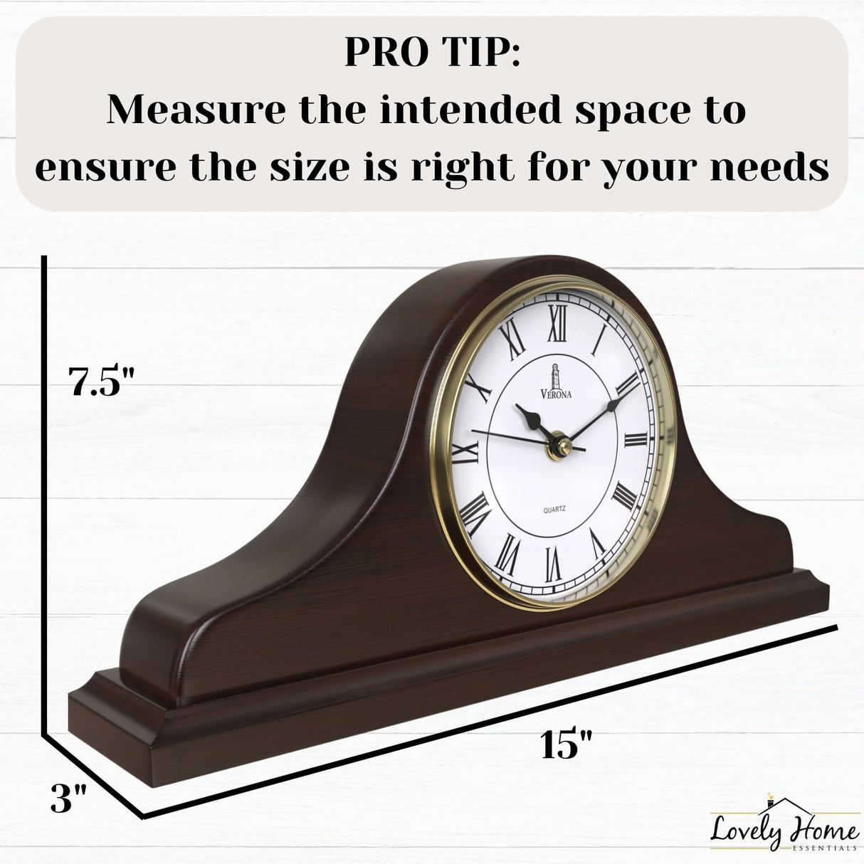 Mantel Clock Battery Operated - Wooden Mantle Clock - 15x7.5 - Silent, Made of Real Wood & Easy to Read - for Living Room Decor Above Fireplace Mantel, Office, Shelf, Table & Home Décor Gift Lovely Home Essentials