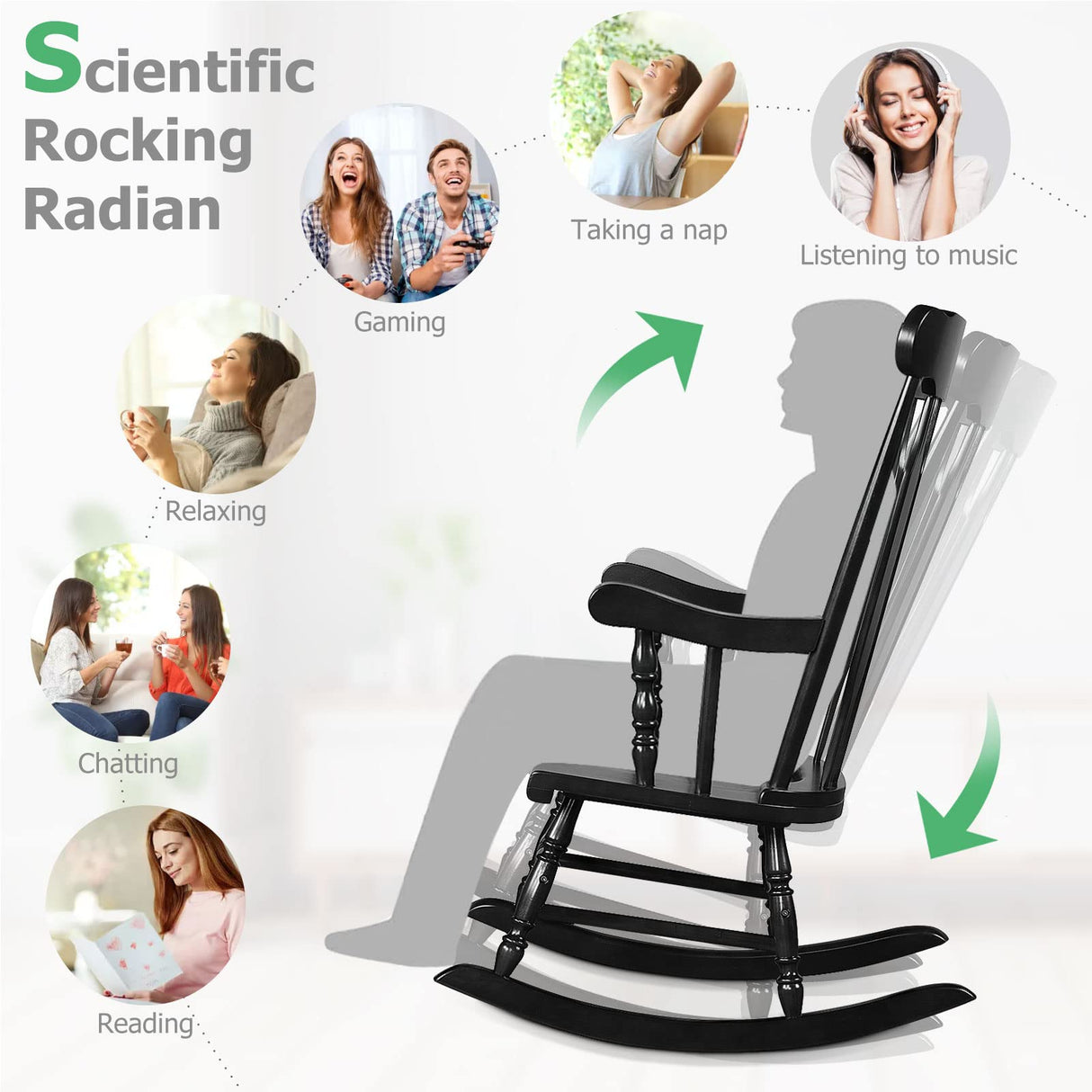 Tangkula Patio Rocking Chair Solid Rubber Wood, Outdoor Porch Rocker Chair with Rubber Wood Frame, Indoor Wooden Rocking Chair, Ideal for Garden, Backyard & Balcony (1, Black) Tangkula