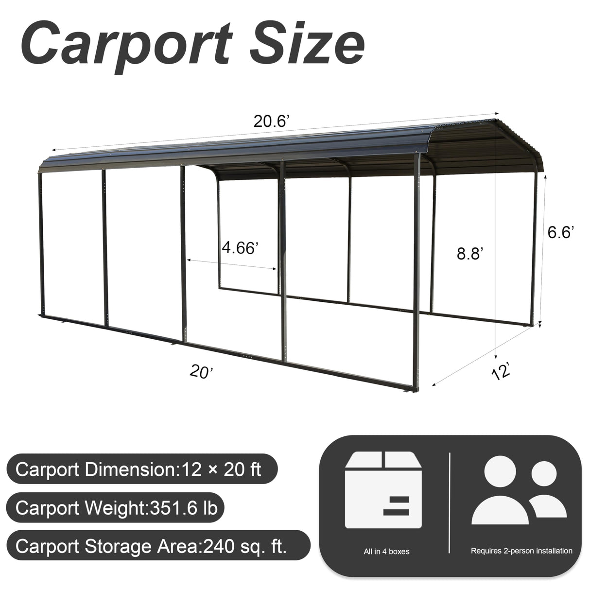 Chilihom Car Port Metal Carport 12 ×20 FT Heavy Duty Carport Kit, Metal Garage Carport Canopy with Galvanized Steel Roof & Frame,Car Tent Outdoor Storage Shed for Car, Boats and Truck, Charcoal Chilihom