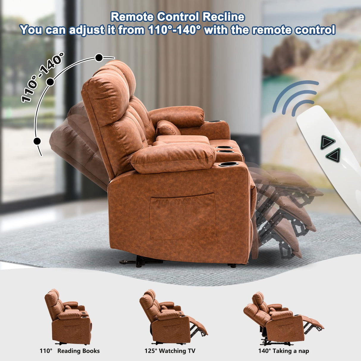 RIHEREFY 68'' RV Loveseat Recliner Sofa| RV Power Reclining Loveseat with Console & Cup Holder | RV Double Recliner Sofa | RV Theater Seating Loveseat(PU, Brown) RIHEREFY