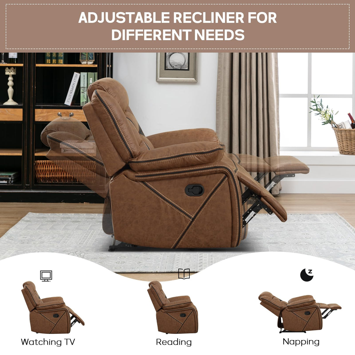 EBELLO Manual Recliner Chair, Faux Leather Single Reclining Sofa Chair with Overstuffed Armrest and Headrest, for Living Room, Bedroom Furniture, Meeting Room, Bright Brown EBELLO