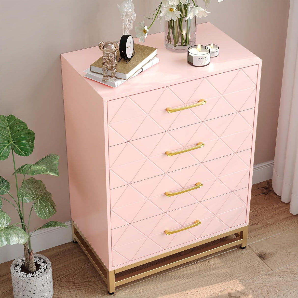 TrailBlaze 4 Drawer Dresser for Bedroom, Wooden Chest of Drawers, Modern Storage Tower with Metal Handles and Legs, Storage Organizer Unit with Anti-Tipping Device for Bedroom, Living Room, Pink TrailBlaze