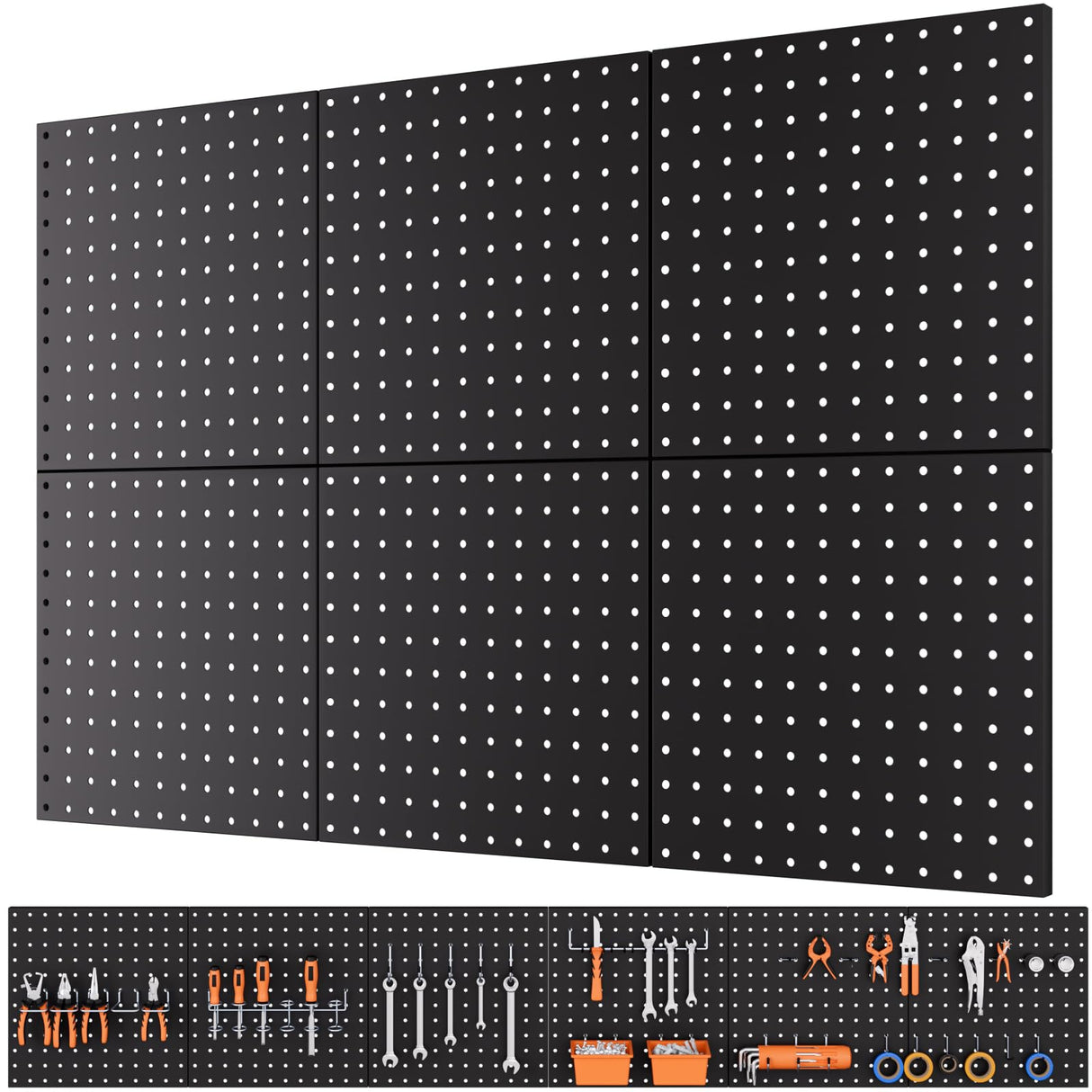 INCLY 6 Pack 12"x12" Black Metal Pegboard Panels, Heavy Duty Pegboard Wall Organizer with Frame, Black Peg Board for Walls, Garage, Workbench, Shed, Kitchen, Craft Room Tool Organization INCLY