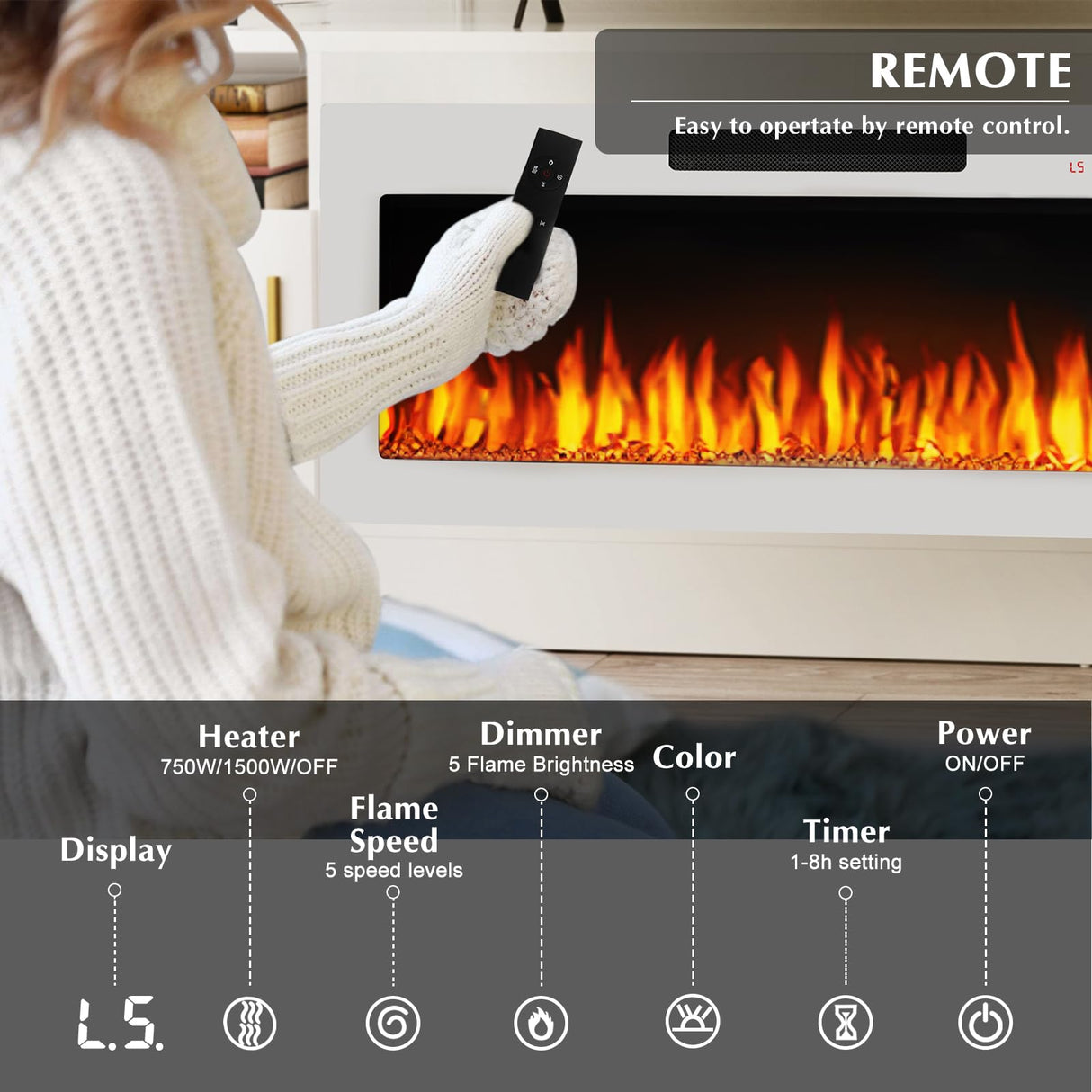 LEMBERI Fireplace tv Stand with 36 inch White Fireplace Up to 80" TVs,LED Light Entertainment Center and Storage, 70" Modern Wood Media TV Console with Highlight Cabinet for Living Room LEMBERI