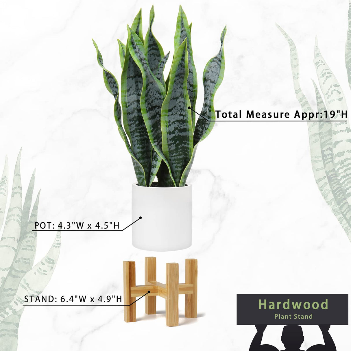 Hollyone Artificial Snake Plant Potted with Solid Wood Plant Stand, 19" Faux Sansevieria Tropical White Ceramic Pots Fake Plants for Home Office Indoor Decor Housewarming Gift Hollyone