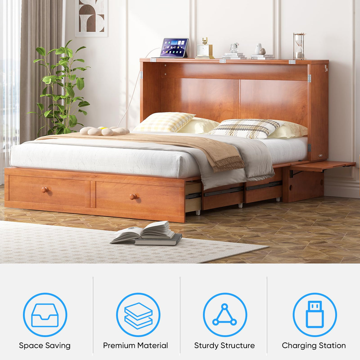 PUREMIND Murphy Bed Queen with Mattress Included - Solid Wood Hideaway Cabinet Bed with 2 Storage Drawers, USB Charging Ports & Headboard - Space-Saving Chest Beds for Home, Guest Room, Cherry PUREMIND