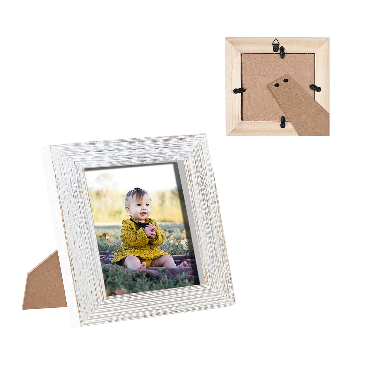 4x4 Picture Frame Square Wood Distressed Simple Striped Border Designed White Wooden Photo Frame with HD Glass for Tabletop Display Wall Mount Wedding Baby Family Farmhouse Collage Home Office Decor… OKSQW