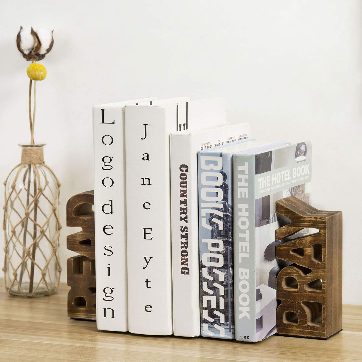MyGift Rustic Burnt Brown Wood Bookends Carved in Read and Pray Block Letters, Decorative Book Stands for Home Library Bookshelf Office Desk, 2 Piece Set MyGift