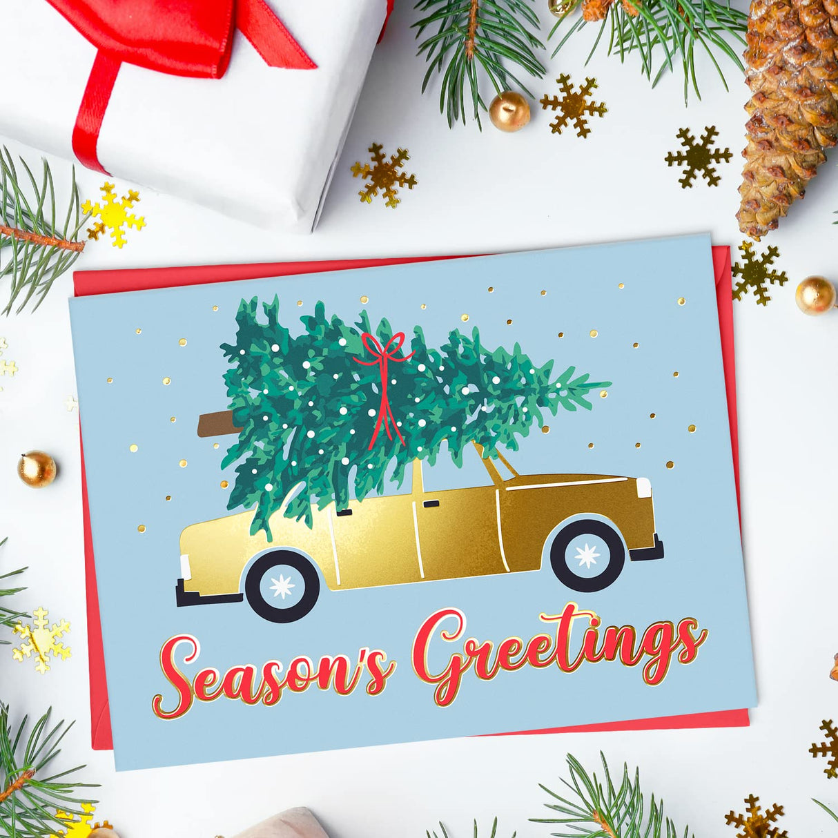 Christmas Cards Set - 24 Gold Foil Holiday Cards with Red Envelopes – 6 Assorted Designs Boxed for Easy Storage - 4.25 x 5.75, Bulk Greeting and New Years Decor Sheets Sweetzer & Orange
