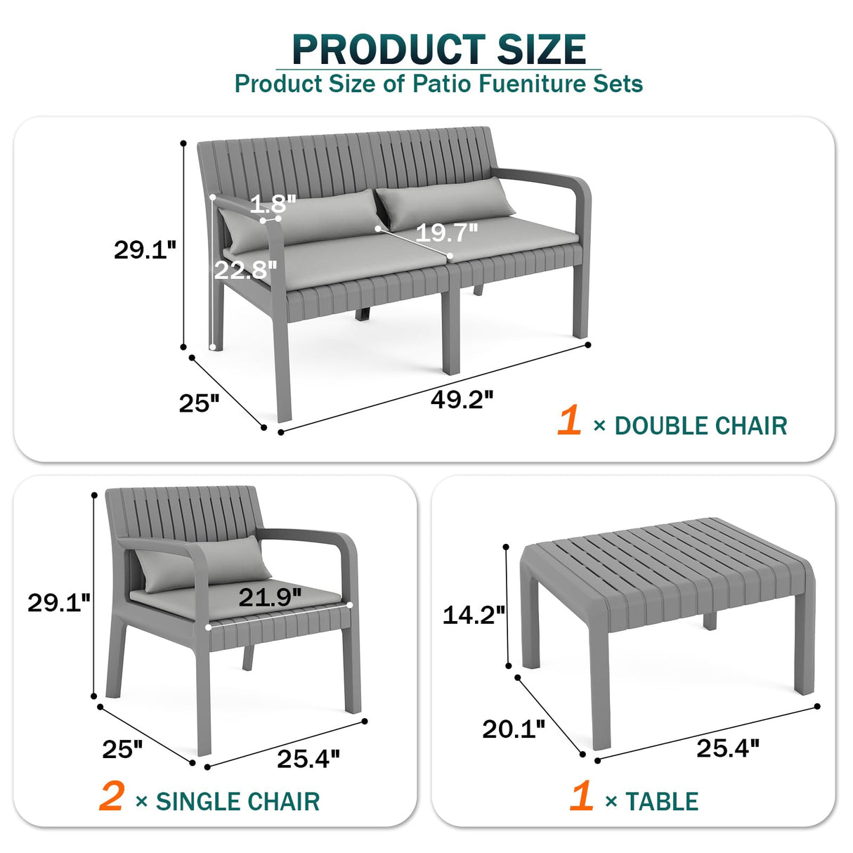 UDPATIO Resin Patio Furniture Set, No Rust Modular Outdoor Sectional Sofa Set, All Weather Patio Conversation Set, for Backyard, Deck, Poolside with Coffee Table, 4pc Grey UDPATIO