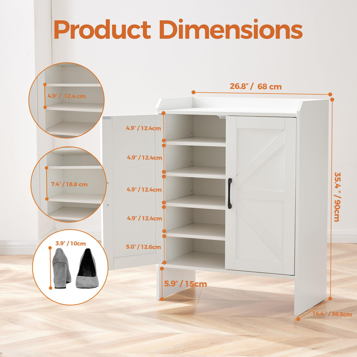 Mericonia Farmhouse Shoe Cabinet with Doors, Modern Large 5-Tier Shoe Storage Cabinet with Adjustable Shelves, Wooden Shoe Organizer for Entryway, Hallway, Closet, Bedroom, Living Room, White Mericonia