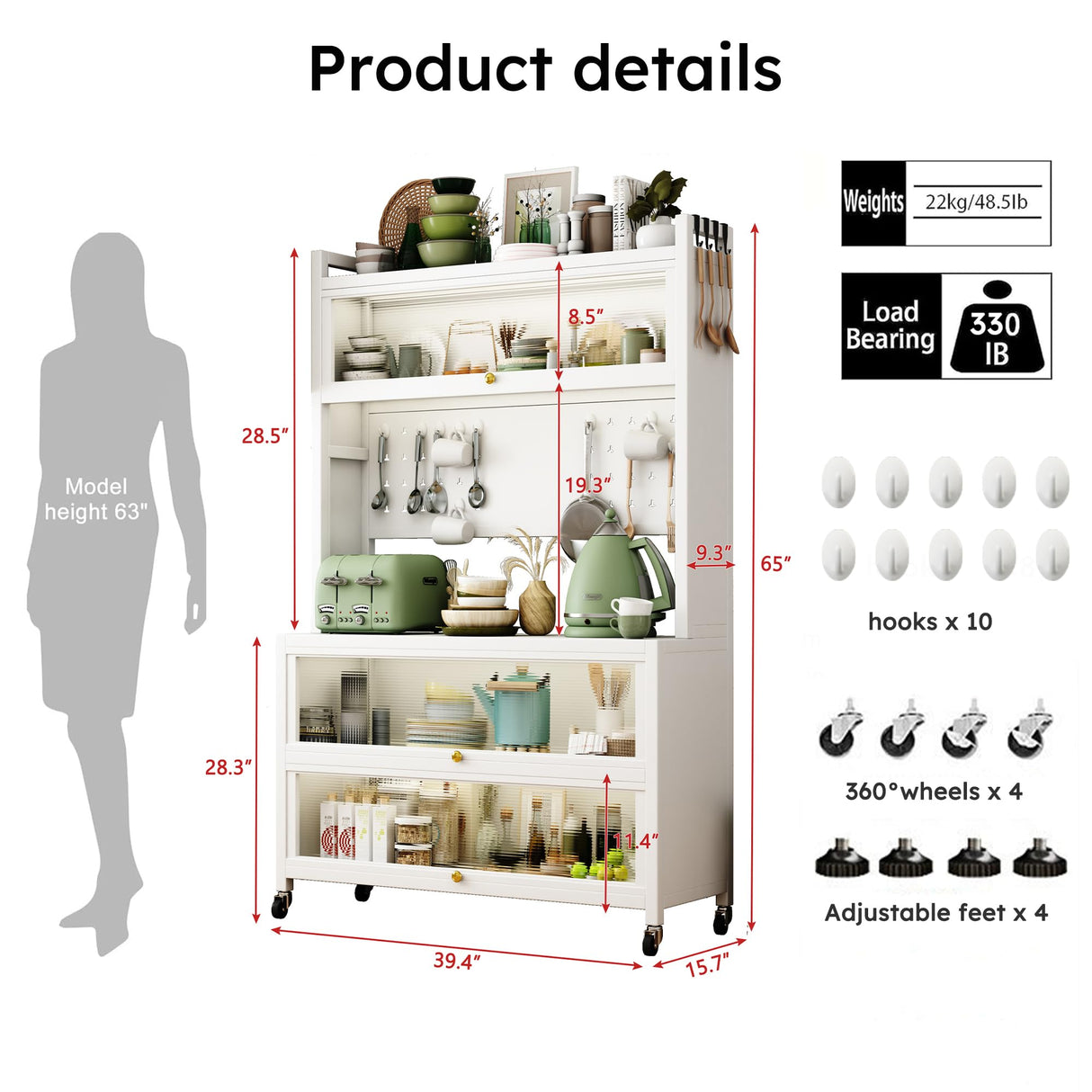 65'' Tall Kitchen Bakers Rack with Flip Door Cabinet, 5 Tier Multifunctional Microwave Stand Buffet, Coffee Bar, Kitchen Pantry Storage Cabinet Shelf, Quick Assembly, White Legendstone