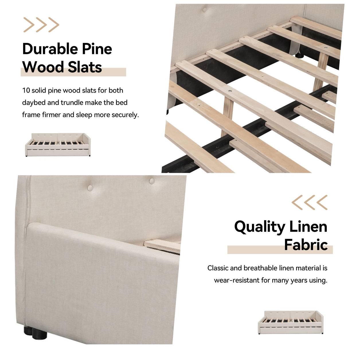 KT Rolster Queen Size Daybed with Storage and USB, Modern Cloud Bed Frame with Twin Size Trundle, Linen Upholstered Platform Bed, Queen Corner Daybed for Bedroom, No Box Spring Required, Beige KT Rolster