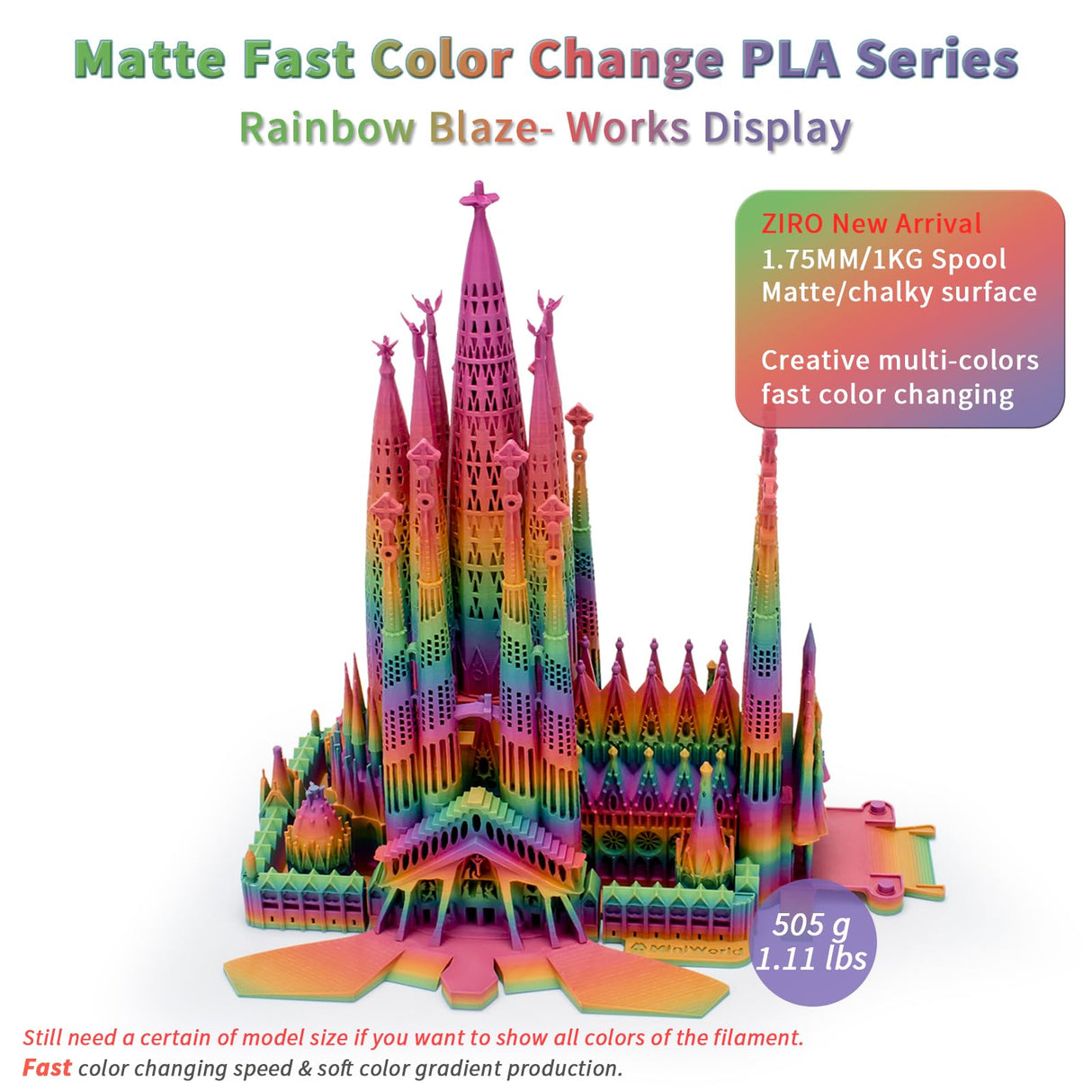 ZIRO 3D Printer Filament PLA, Fast Color Changing Filament(Matte), Color Change by Length PLA, Fit Most FDM 3D Printers, Matte Finish 1KG/ 2.2lbs Spool, Rainbow Blaze ZIRO