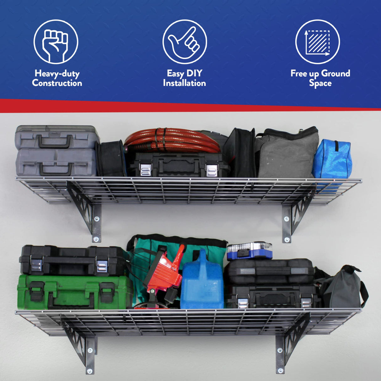 SafeRacks Wall Shelves - 2 Pack of 18 x48 Garage Wall Mounted Shelving, Wire Storage Racks, Utility Shelf, Heavy Duty Shelves with 4 Accessory Hooks, 500lbs Capacity, Color: Hammertone SafeRacks