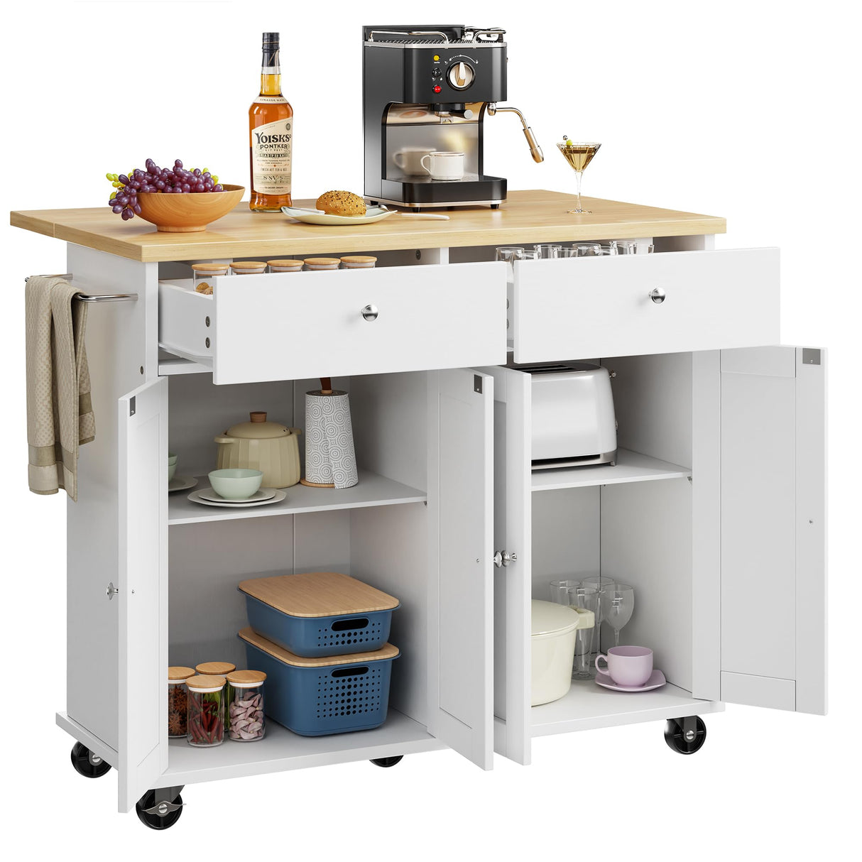 Shintenchi Kitchen Island with Drop Leaf, Rolling Kitchen Cart with Storage on Wheels, Table Bar Cart for Kitchen with Towel Rack & Seating Area for Dining Room, White Shintenchi