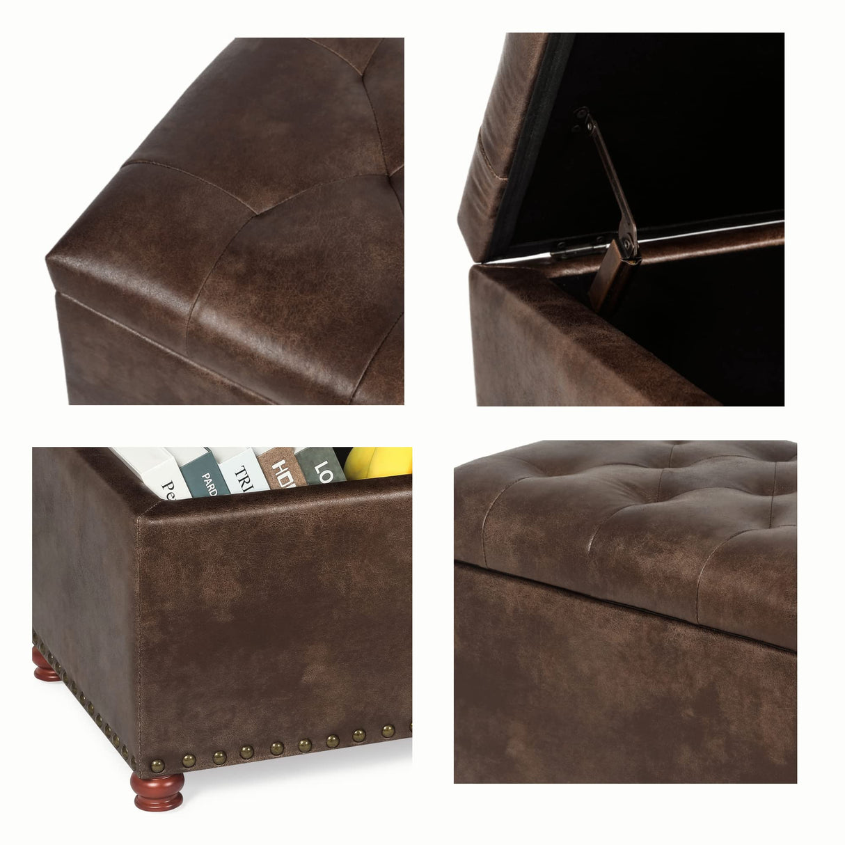 Decent Home 24'' Leather Ottoman with Storage Rectangle Foot Rest Ottomans Stool for Living Room(Brown,Leather Texture) Decent Home