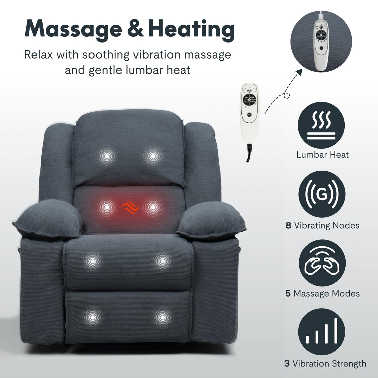 Softa 360° Swivel Rocker Recliner with Massage & Heat for Adults, Manual Rocking Chair with USB Port & Side Pocket, Swivel Glider Recliner for Living Room Apartment Small Spaces (Blue Gray) Softa