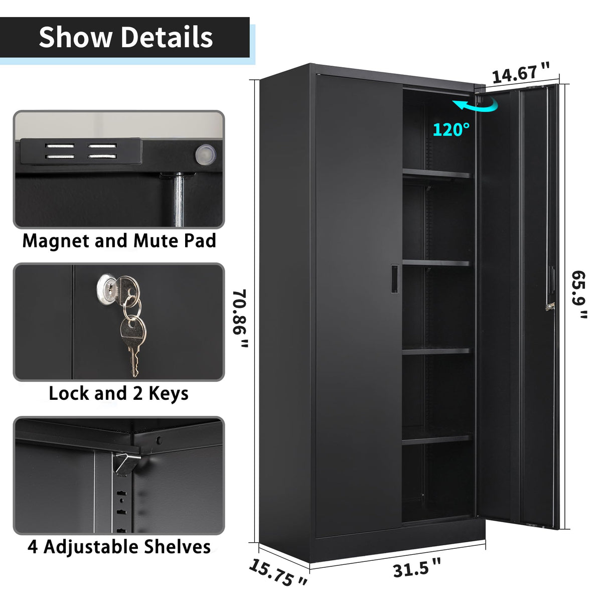 Wanfu Metal Storage Cabinet with Locking Doors and Adjustable Shelves, 71” Tall Steel Storage Cabinets for Garage, Home Office, Pantry(Black) Wanfu