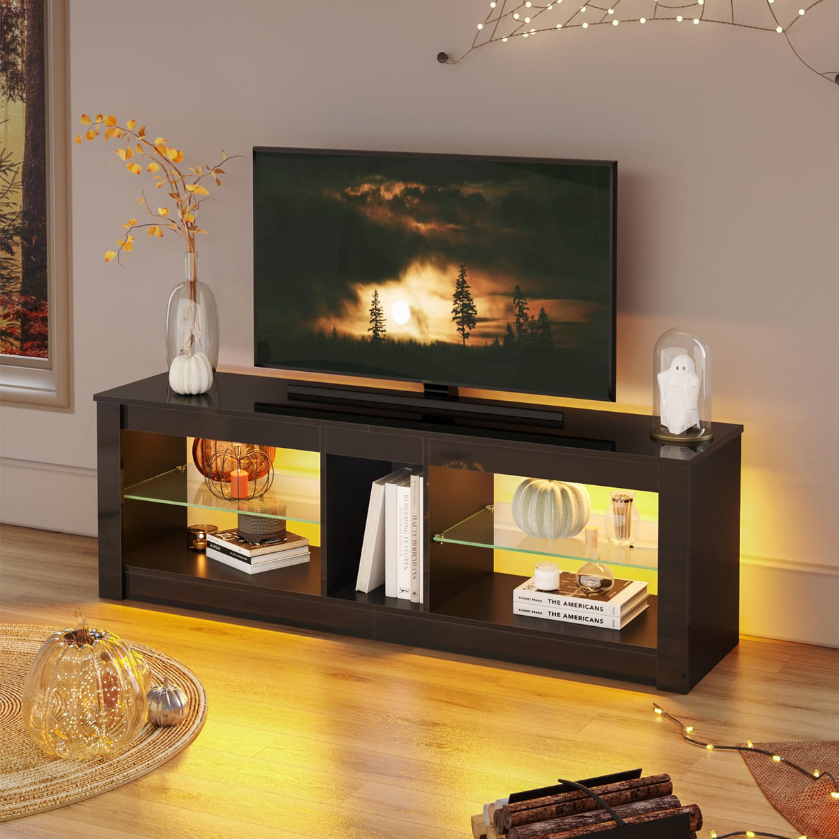 Bestier Modern TV Stand for 55 60 inch TV with LED Lights, High Gloss Entertainment Center TV Console Table with Storage Shelves for Living Room, Glossy Black Bestier