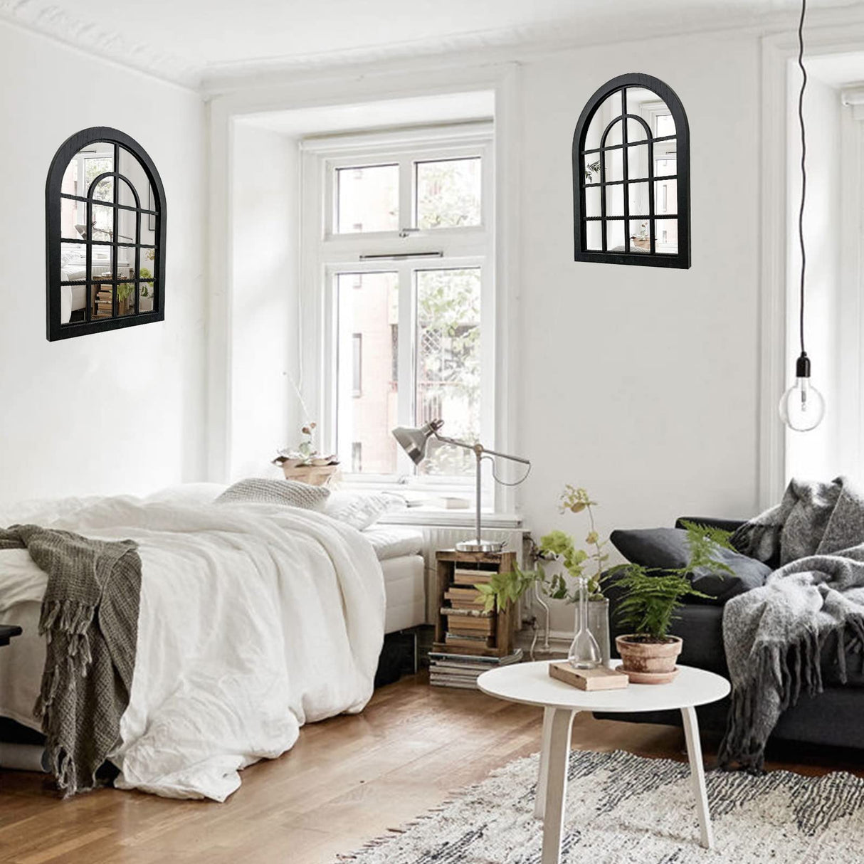 ZEXUIRU 2PCS Arched Window Wall Mirror,Rustic Farmhouse Accent Mirror, Wood Framed Entry Mirror for Living Room,Bathroom,Bedroom,Kitchen,15.7x11.8 Inches ZEXUIRU