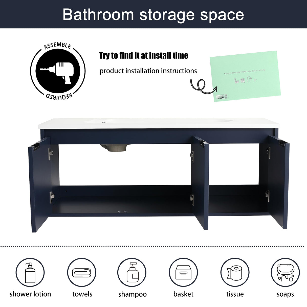 Malwee 48 Inch Floating Bathroom Vanity with Sink, 48'' Single Sink Wall Mounted Bathroom Vanity, with 3 Doors and White Waterdrop Gel Coat Basin (058-48 * 18, NBL) Malwee