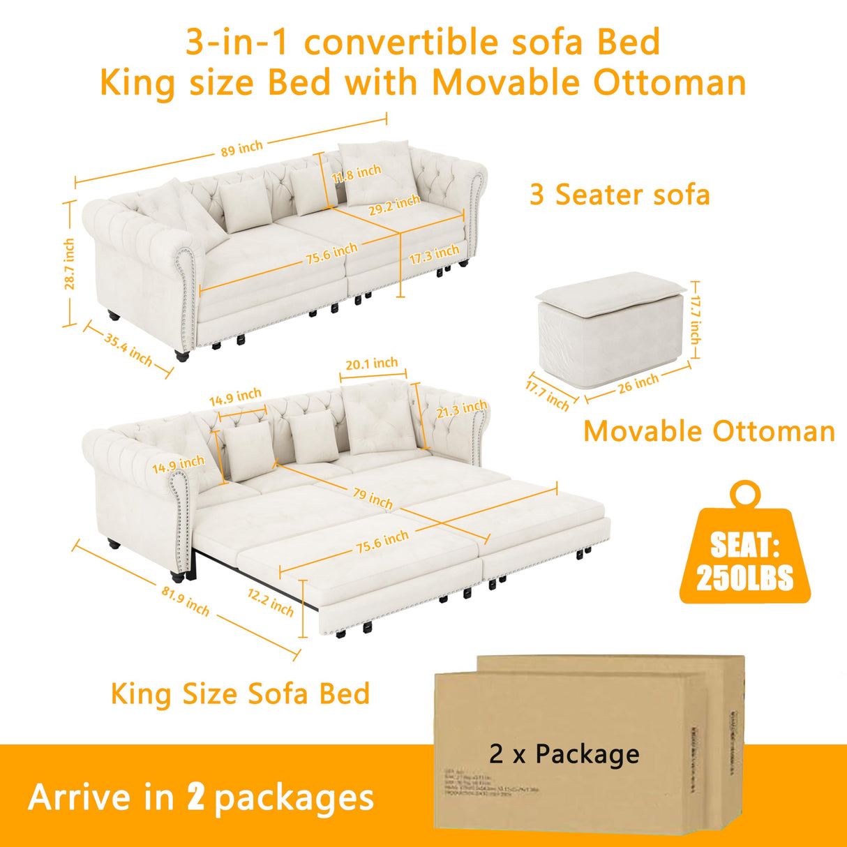 LuxyHoom 89" King Pull Out Sofa Bed, Velvet Chesterfield Sleeper Sofa Couch, 3 in 1 Convertible Tufted Futon Couches with Ottoman for Living Room, Small Space, Apartment, Office, Bedroom, Beige LuxyHoom