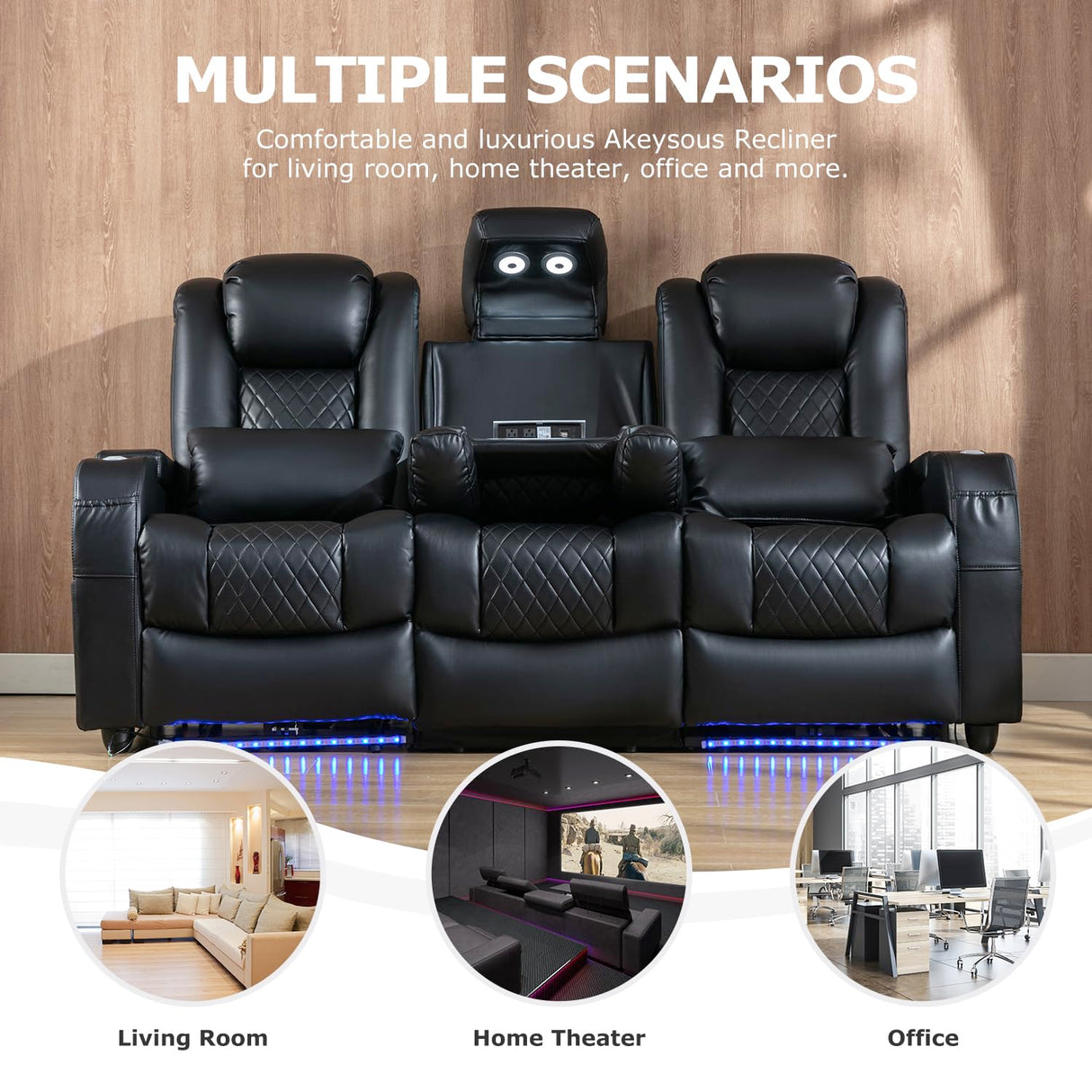 Sofa Recliner Home Theater Seating Seats, Movie Theater Chairs Theater Recliner with 7 Colors Ambient Lighting, Touch Reading Lights, Lumbar Pillow, Tray Table, Center Drop Down Console, Black Akeysous