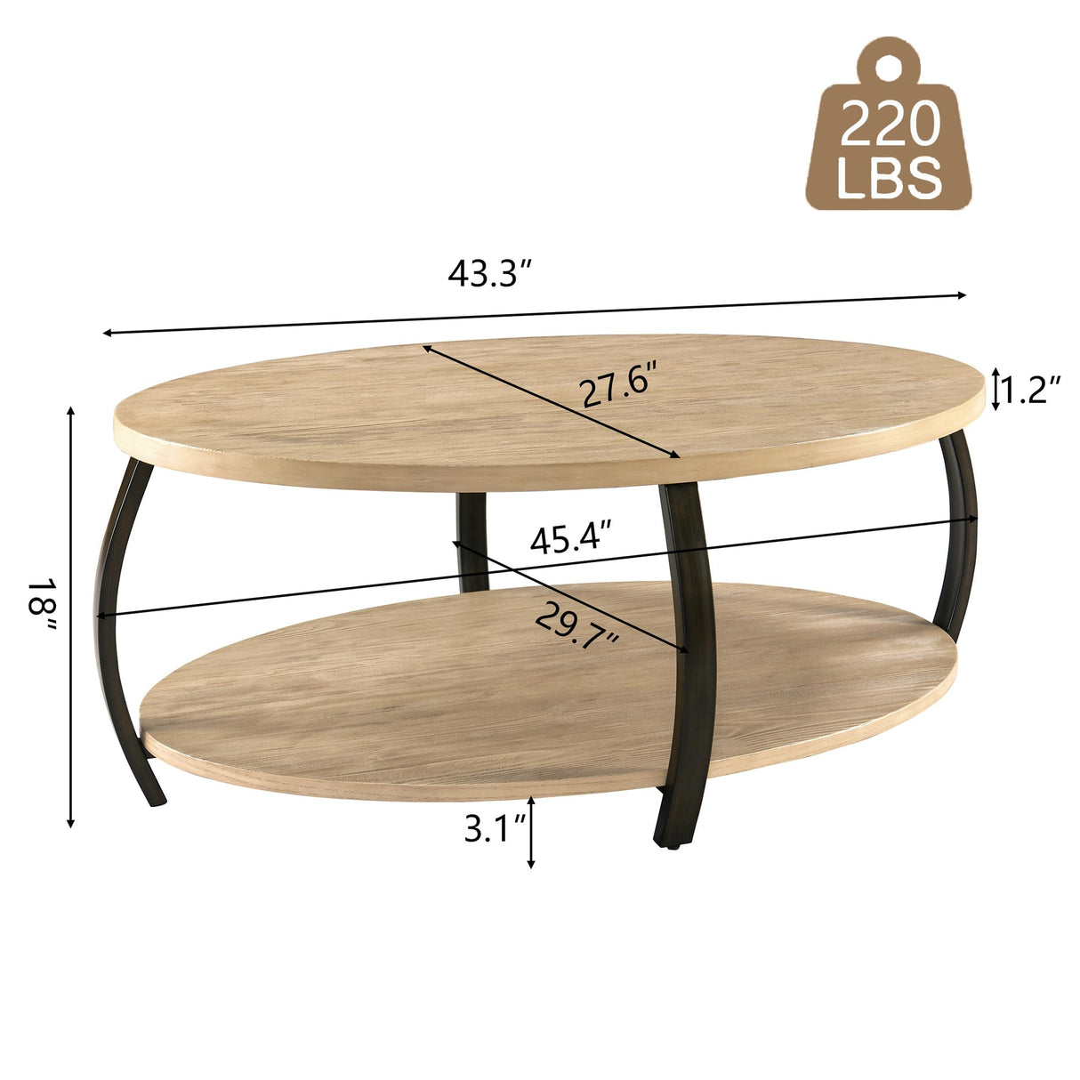 Wood Oval Coffee Table with 2 Tier Storage Shelf, 43 inch Solid Wood Center Table Rustic Accent Sofa Table with Natual Pine Wood Top & Black Curved Metal Legs for Living Room Home Decor Ripros