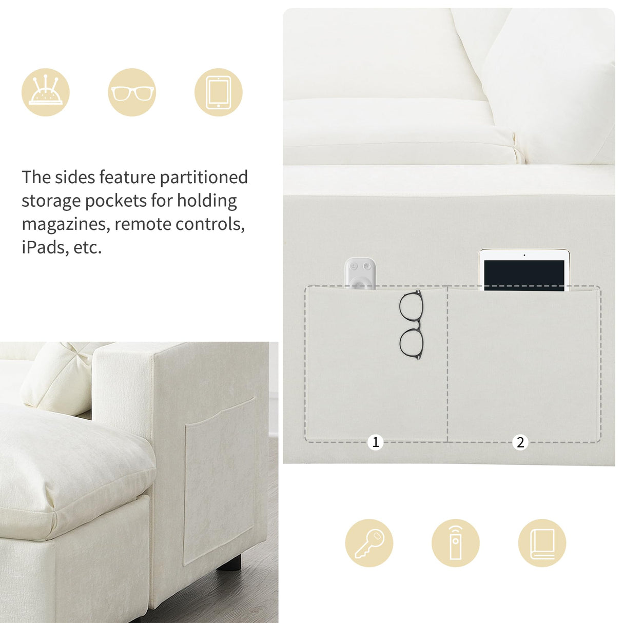 Merax 86.5" Sectional Sofa with Storage Pockets & Removable Ottomans, Cream 5 Seat U Shaped Sleeper Cloud Couch Set, Convertible L-Shaped Upholstered SofaBed for Living Room and Apartment, White Merax