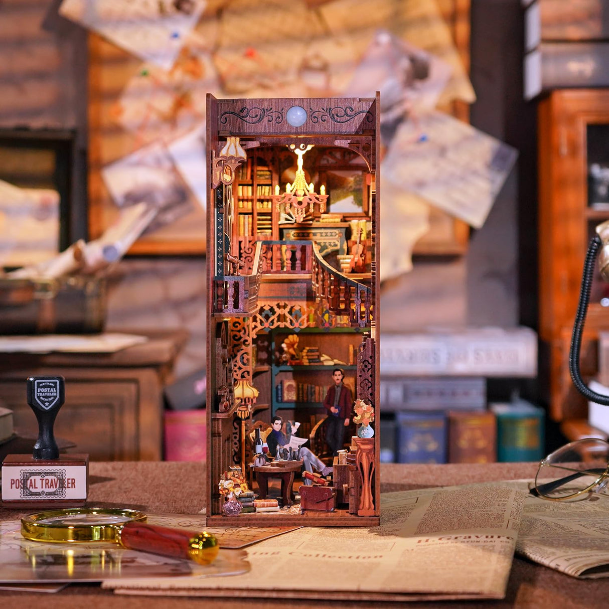 Tonecheer DIY Book Nook Kit for Adults, Wooden 3D Puzzle Bookend Bookshelf Insert Decor, Detective Booknook Miniature House Kit with Dust Cover and Body Motion Sensor LED (Violin Detective Agency) Tonecheer