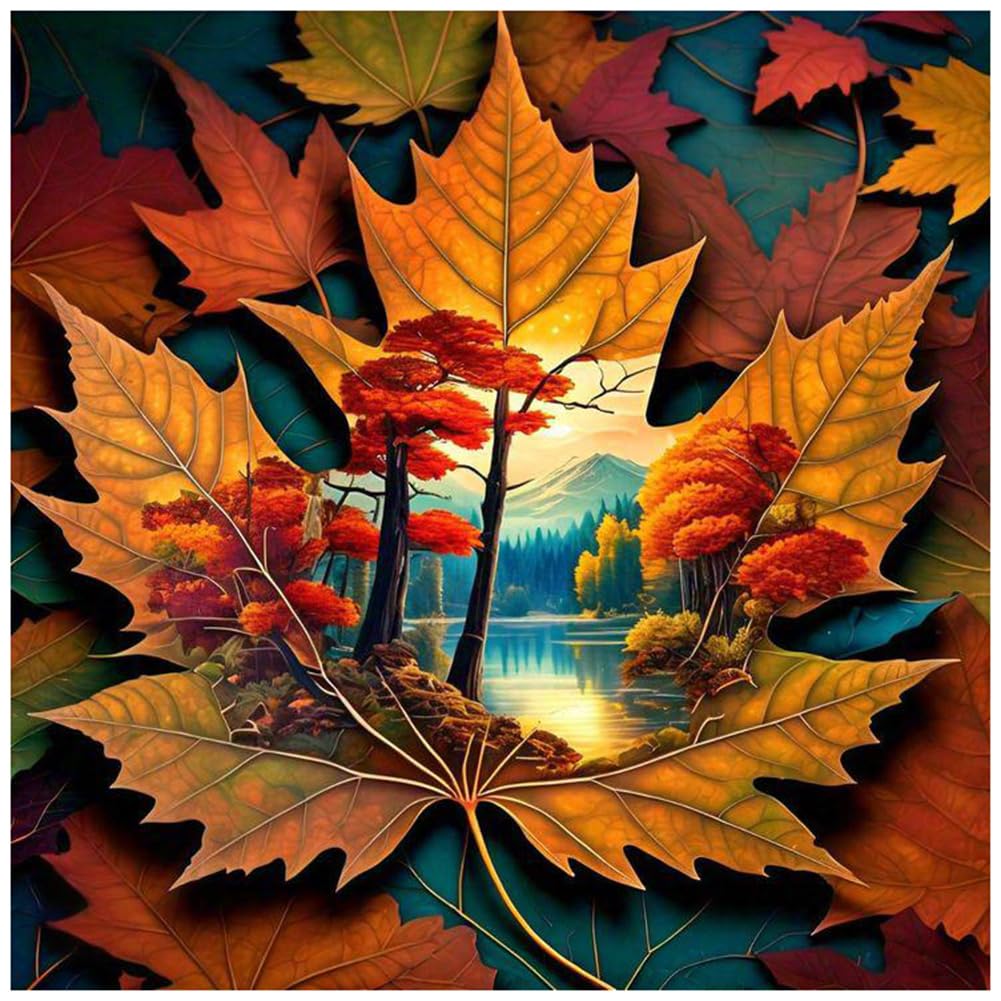 DIADAY Diamond Painting Kit, Fall Leaves Diamond Art Kits for Adults, 5D Full Drill Fall Landscape Diamond Painting, DIY Round Gem Craft Arts Home Wall Decor Gift 12 x 12 Inches DIADAY